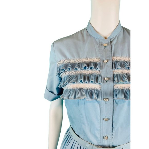 Vintage 1960s Shirtdress Light Blue Ruffle Full Skirt Dress | W 24" - Picture 4 of 10